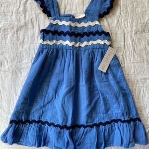 NWT Girls Cotton Dress - Blue Ruffle Strap Dress with Navy and Ivory Ric Rac